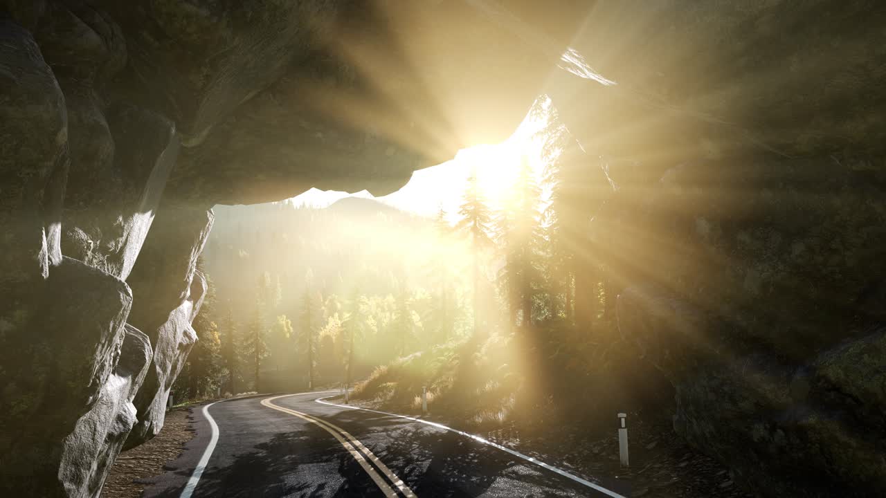 해가 지는 산의 바위 길 토너