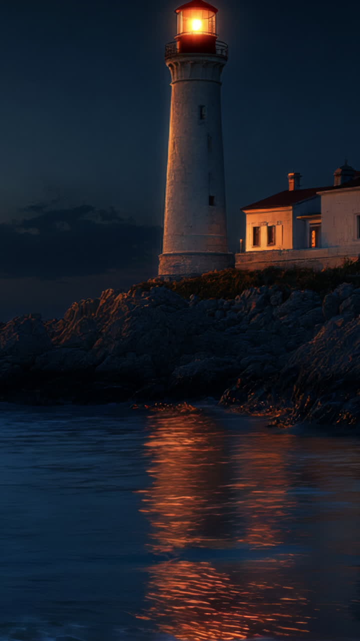A lighthouse is on a rocky shoreline with a large moon in the sky. The moon is reflecting on the water, creating a serene and peaceful atmosphere