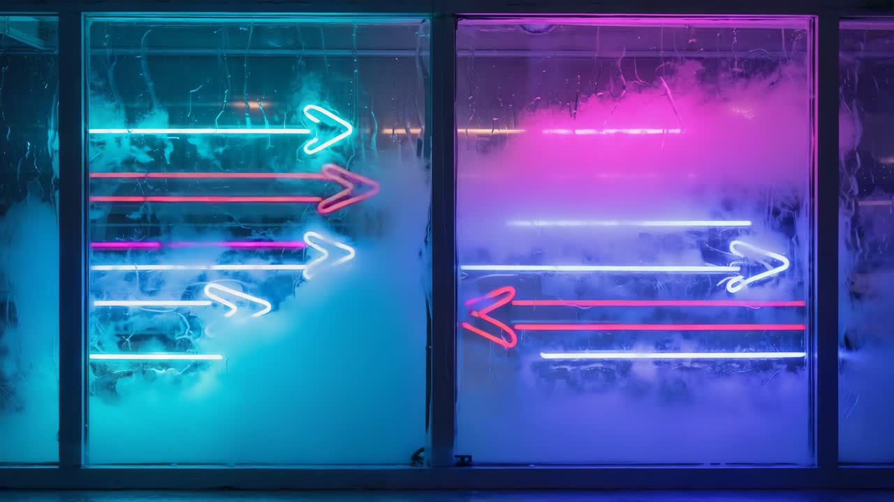 Neon arrows in fog behind glass