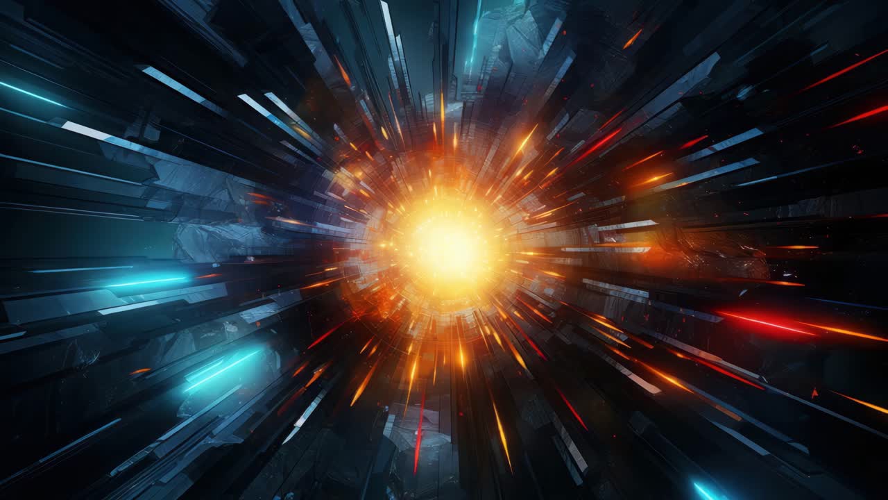Esplosione dinamica e futuristica di fasci di luce in colori vivaci, catturata da una prospettiva centrale