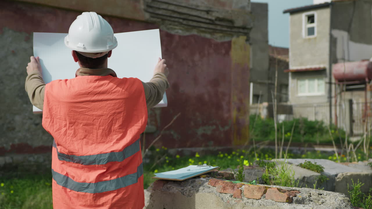 Architect Taking A Look At The Project Of The Old Building To Rebuild