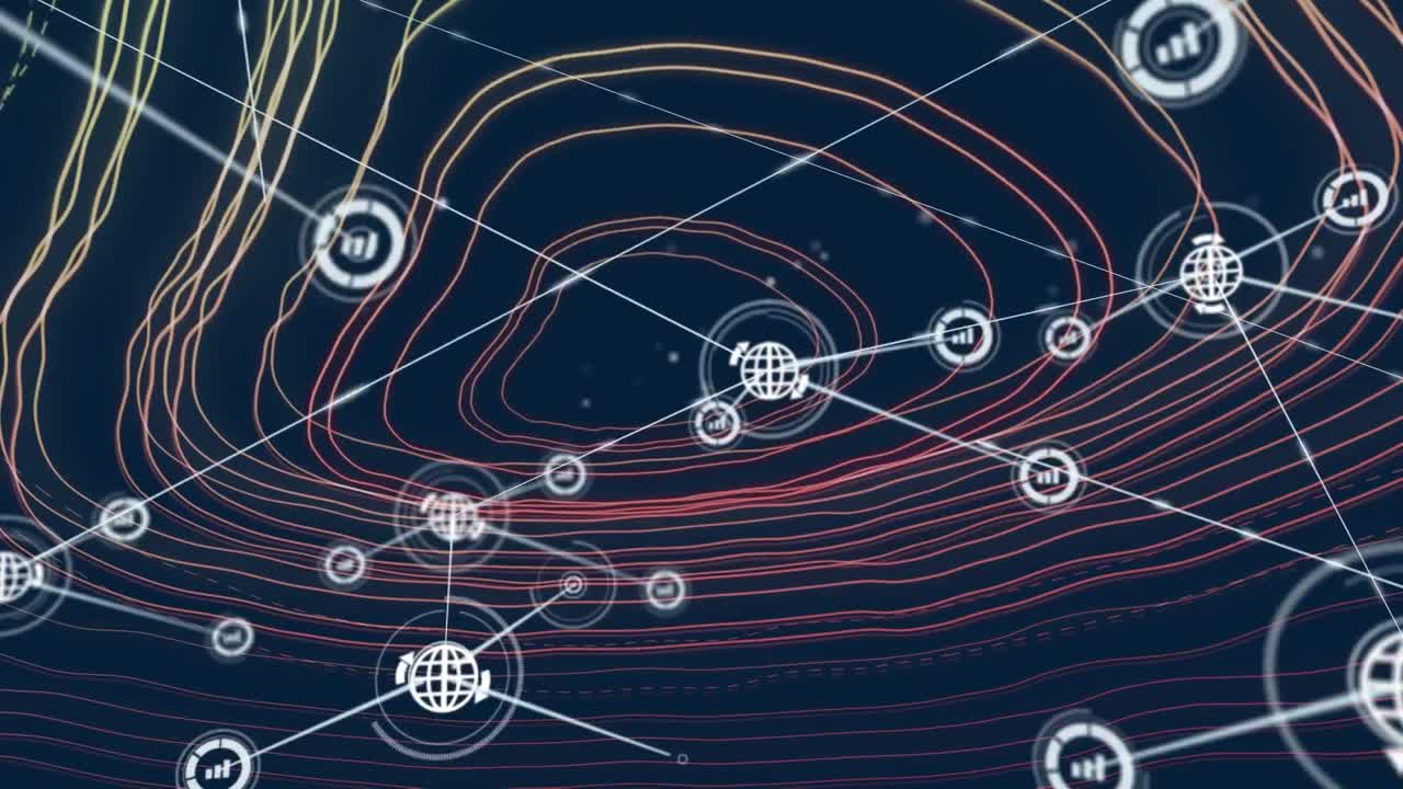 animación de iconos de globos y gráficos conectados con líneas en patrón circular sobre fondo azul.