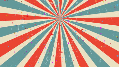 falling colorful confetti over retro sunburst animation background