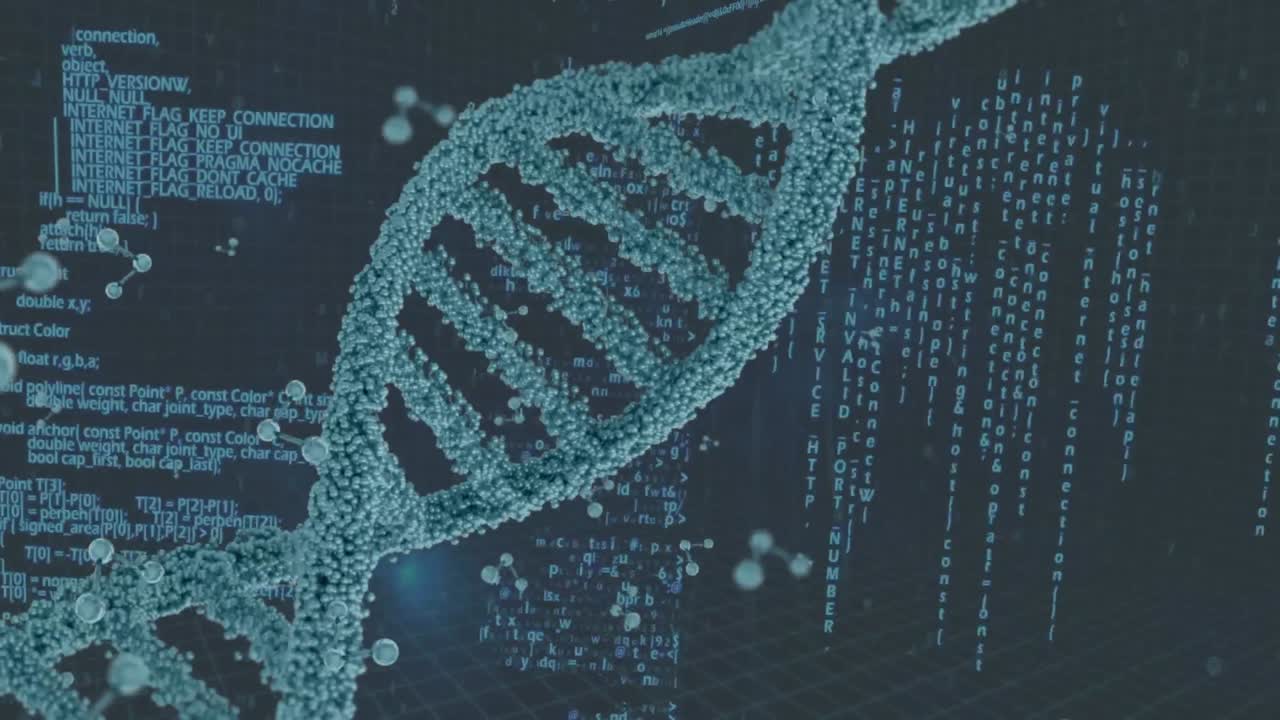 Animation of dna strand spinning and data processing over grey background