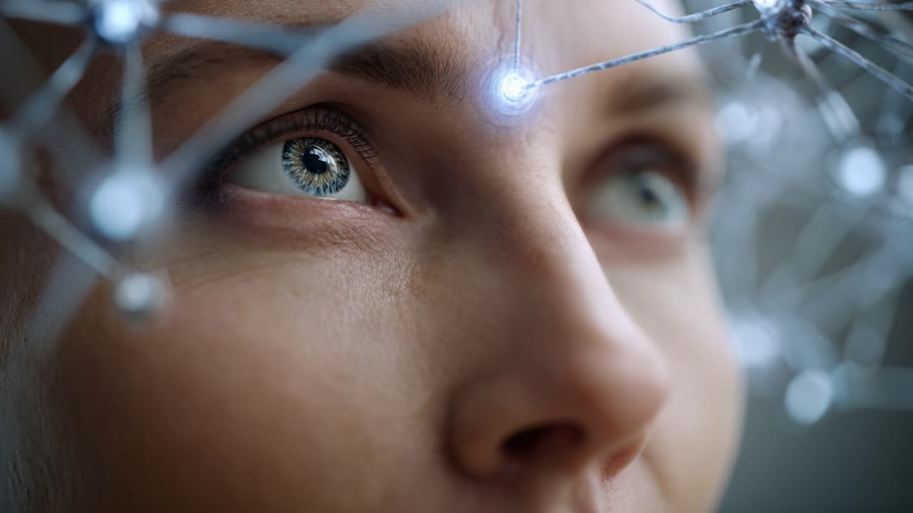 A Close-Up Exploring the Fusion of Technology and Human Emotion: The Intricate Network of Neural Connections Illuminated by Glowing Nodes