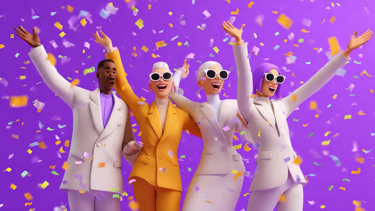 A Vibrant Celebration of Joy and Unity: Four Stylish Characters Embrace the Festive Spirit Amidst Colorful Confetti and a Bright Purple Background, Radiating Happiness and Excitement