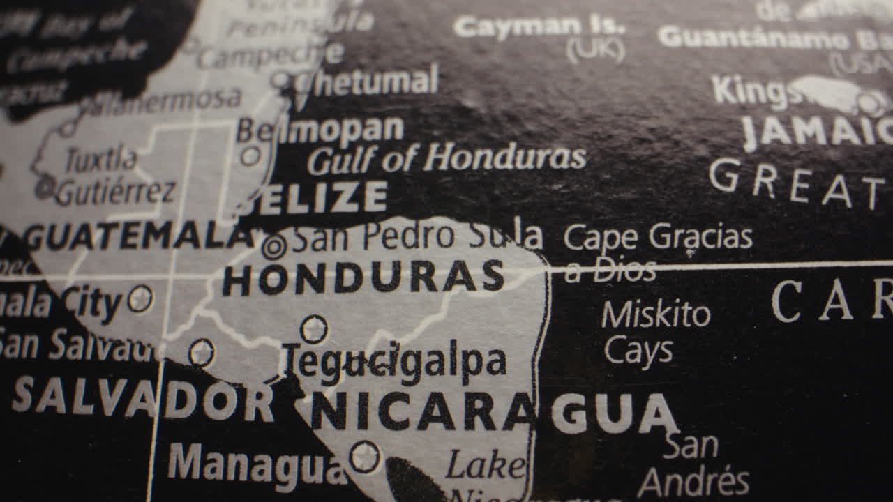 Close-up of a map focusing on Central American countries