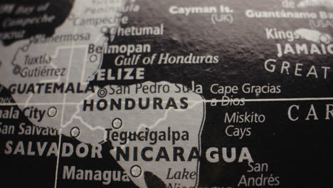 close-up of a map focusing on central american countries