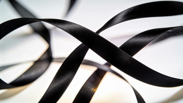 Drifting black satin ribbons shifting right after soft breeze across studio backdrop with backlight