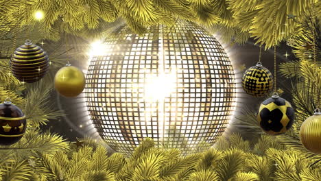 animation of gold decorations and mirror disco globe on fir tree background