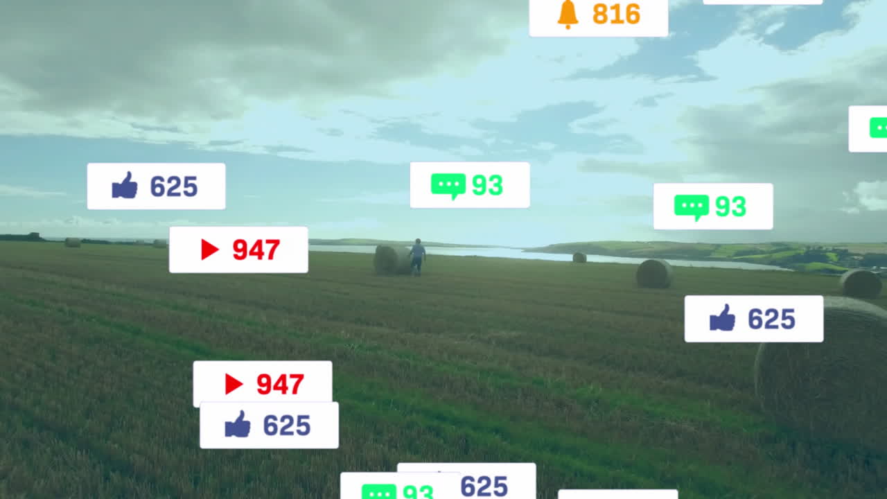 Man walking through field of hay bales, icons animating social media engagement for marketing