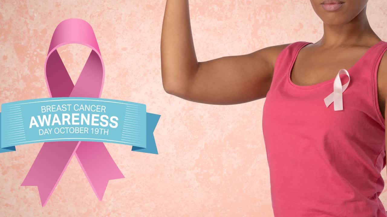 анимация логотипа розовой ленты с текстом рака молочной железы над женщинами