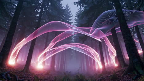 glowing pink ribbons in a misty forest