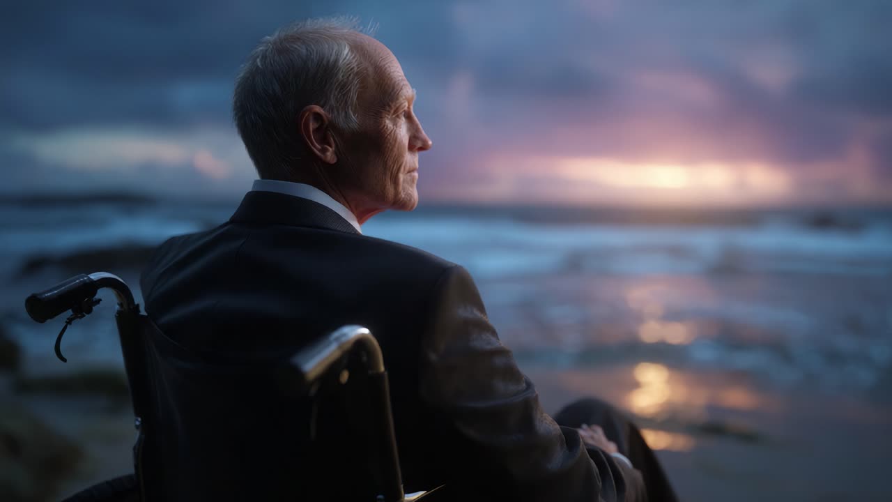 Un uomo assorto su una sedia a rotelle osserva l'orizzonte, riflettendo sulla bellezza della natura mentre il sole tramonta sull'oceano, evocando emozioni di serenità e speranza.