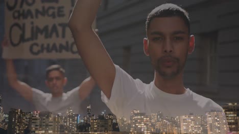 animación de hombres biraciales levantando las manos sobre el paisaje urbano