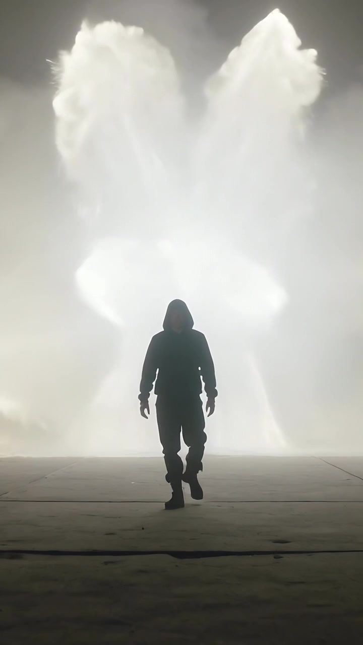 Vertical video: Walking man in hood boots toward lens after smoke burst in hangar revealing shape