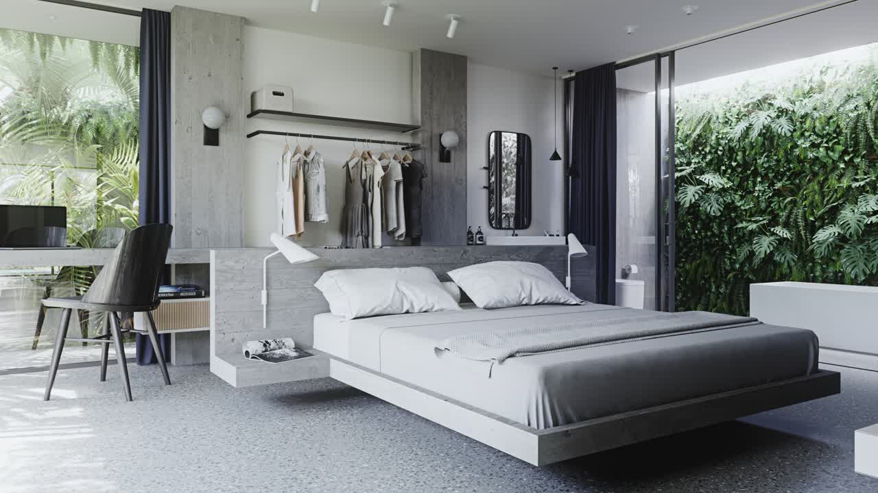 Camera da letto elegante in cottage con letto su gambe invisibili e ampia parete in vetro