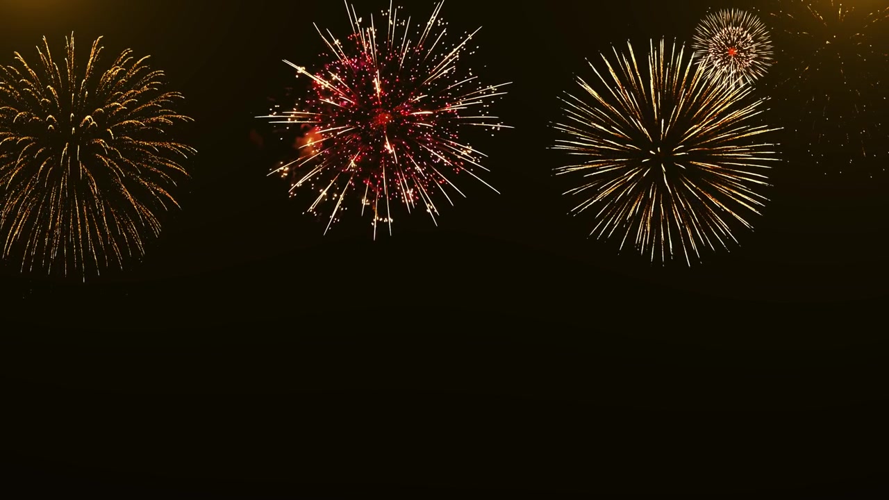 Golden firework celebration background dark night sky sparkling bursts floating dots and festive