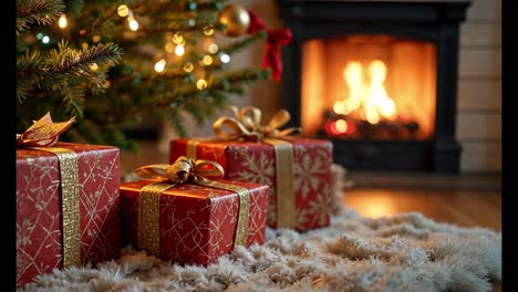 christmas gifts by the fireplace