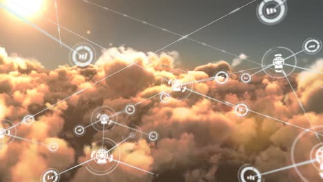 Animation-of-network-of-connections-with-icons-over-clouds-on-sky