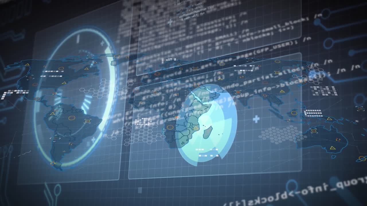 animación de la interfaz con procesamiento de datos sobre el mapa del mundo contra un fondo azul.