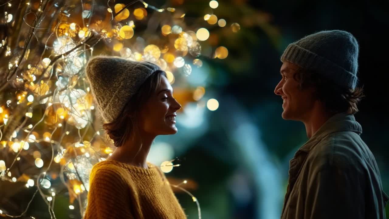 Capturing a Magical Moment: A Couple Sharing Joy Under Twinkling Holiday Lights, Illuminated by Warm, Soft Glow, Inviting Love and Connection in a Cozy, Intimate Setting During Evening Hours