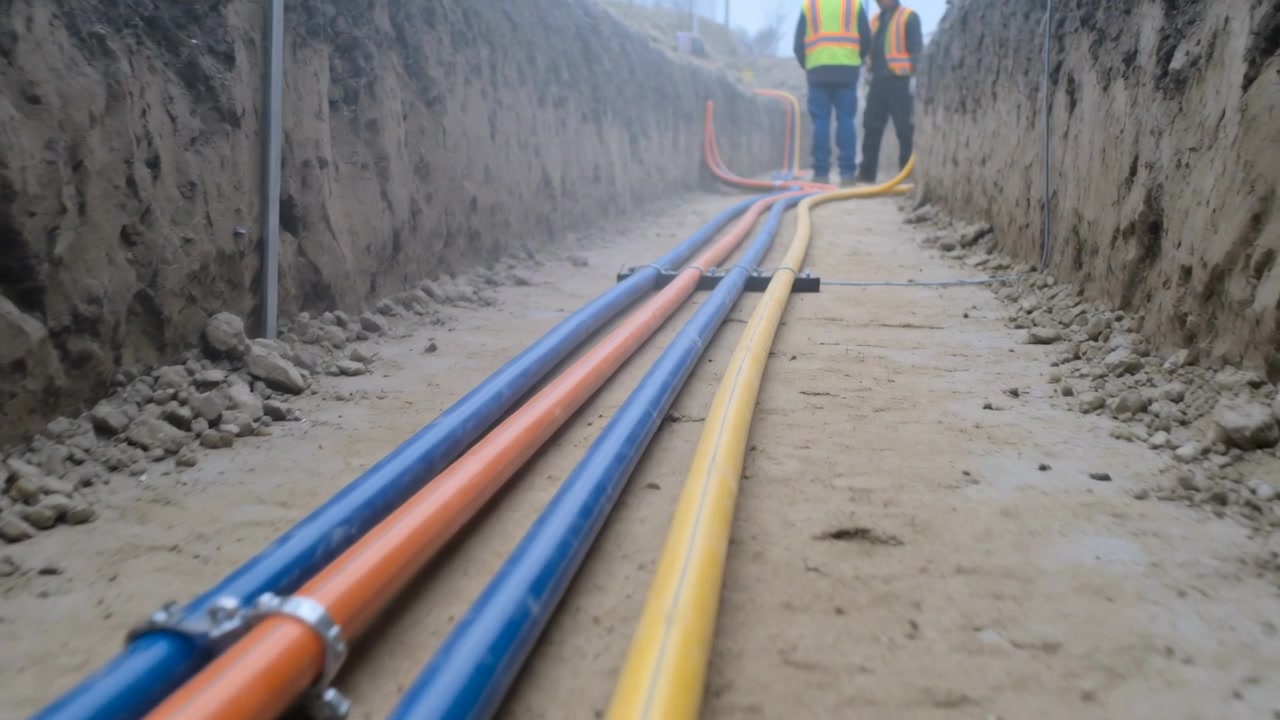Walking crew in safety vests guiding yellow conduit along worksite trench for alignment with clamps