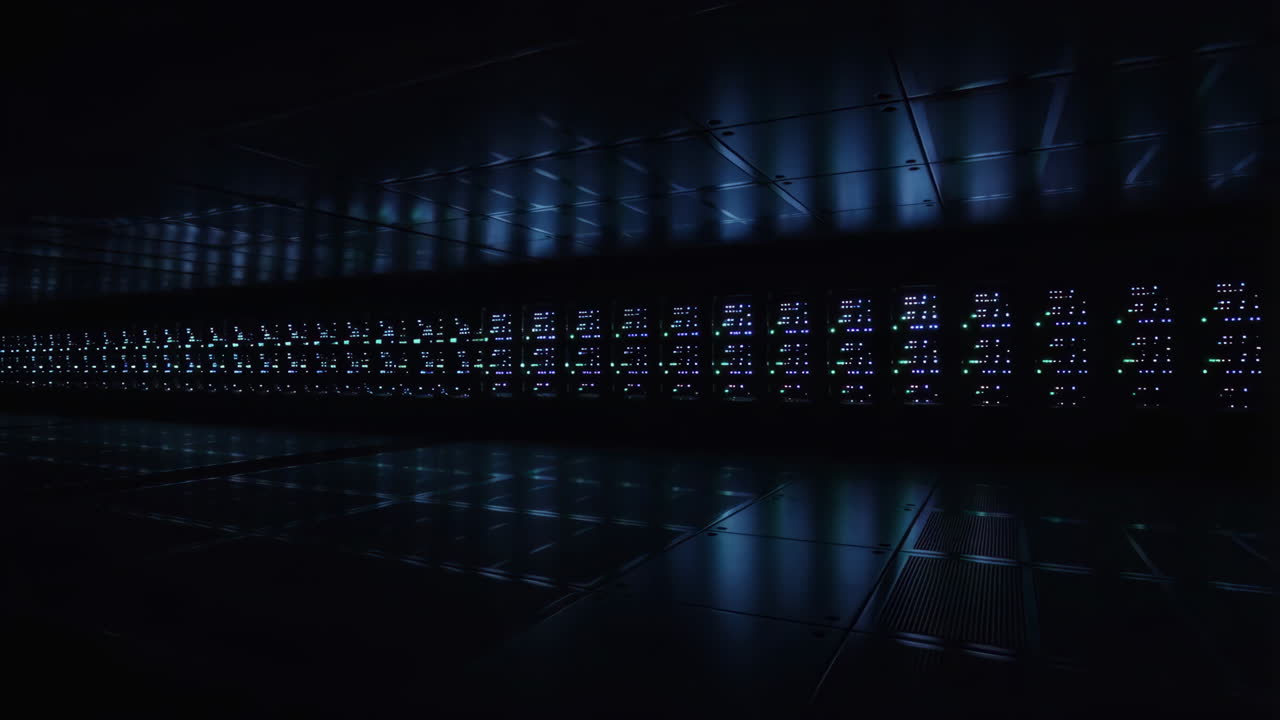 Dark Server Room with Glowing Blue Lights