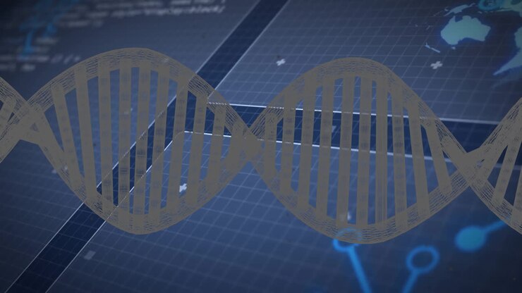 Animation of dna strand over diagrams and data processing