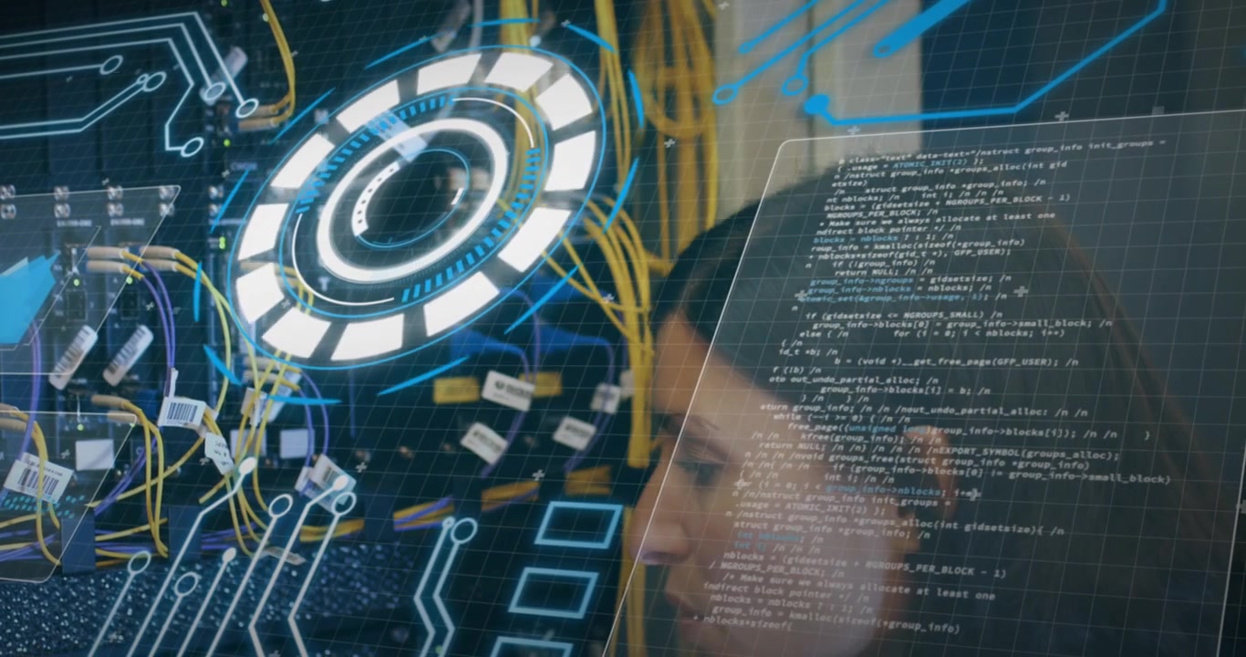 Woman Interacting with Futuristic Digital Interface and Programming Code