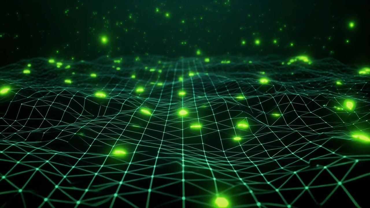 Abstract Digital Green Grid Landscape with Floating Particles
