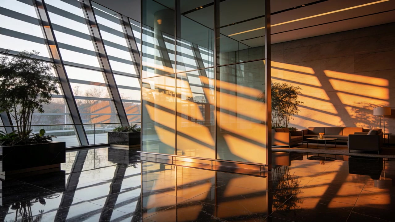 Shifting sun bands sliding across glass partition in lobby as sun shifts, casting glow on floor