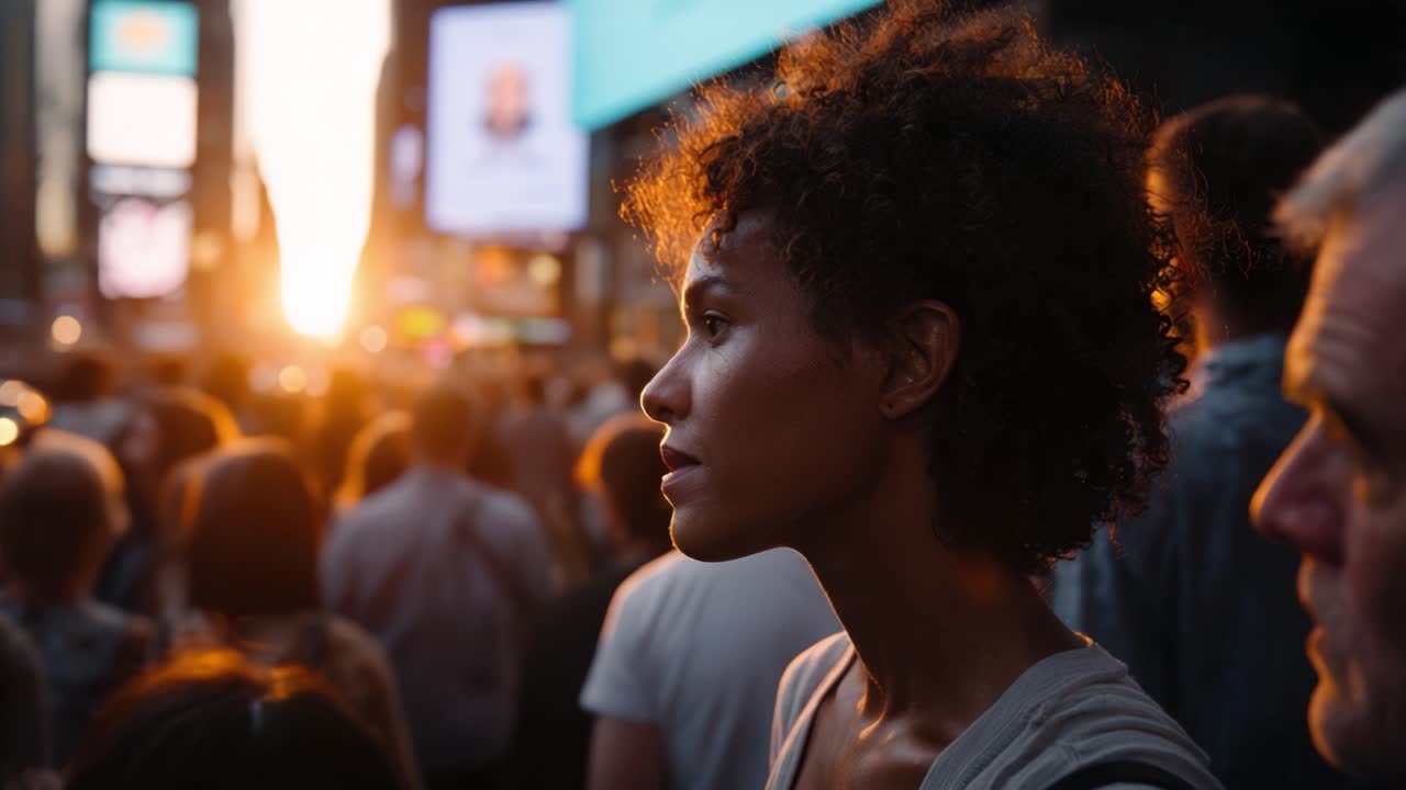 A contemplative moment among the crowd, the setting sun casting golden rays over faces in a bustling urban environment, highlighting emotions and reflections