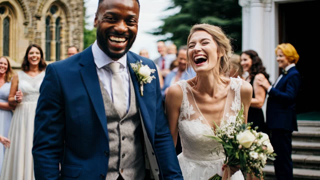 The video captures a joyful wedding scene with a candid, lively atmosphere, focusing on the couple's
