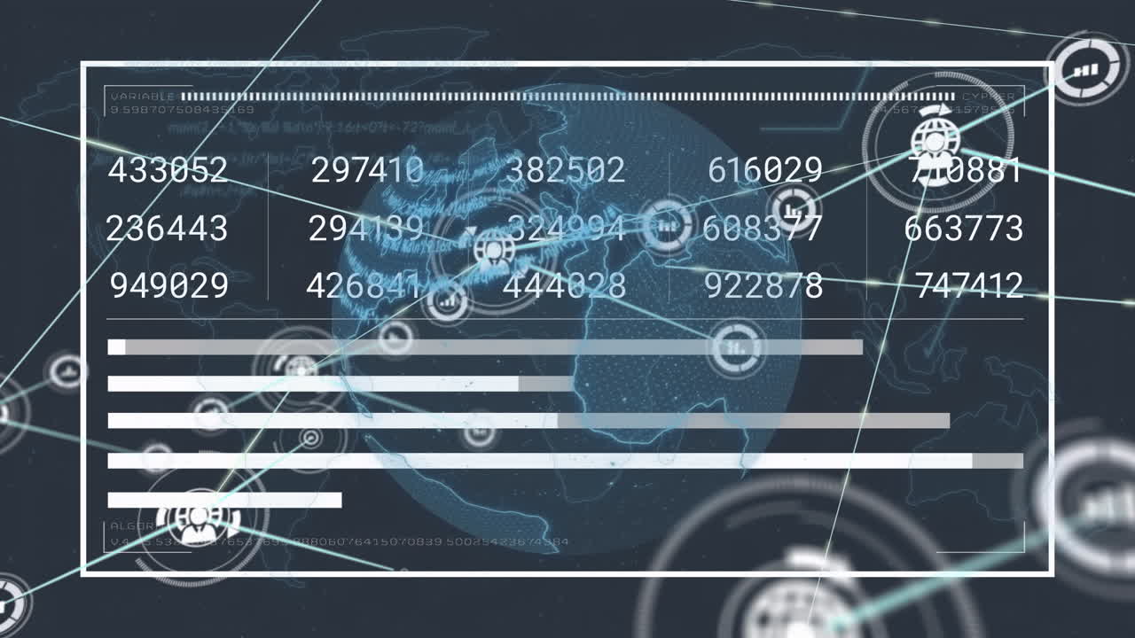 animación de la red de conexiones con iconos sobre el globo y el mapa del mundo con procesamiento de datos