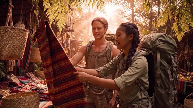Exploring a Vibrant Marketplace in a Lush Jungle, Two Adventurers Discover Exotic Produce and Handcrafted Goods Surrounded by Nature's Beauty