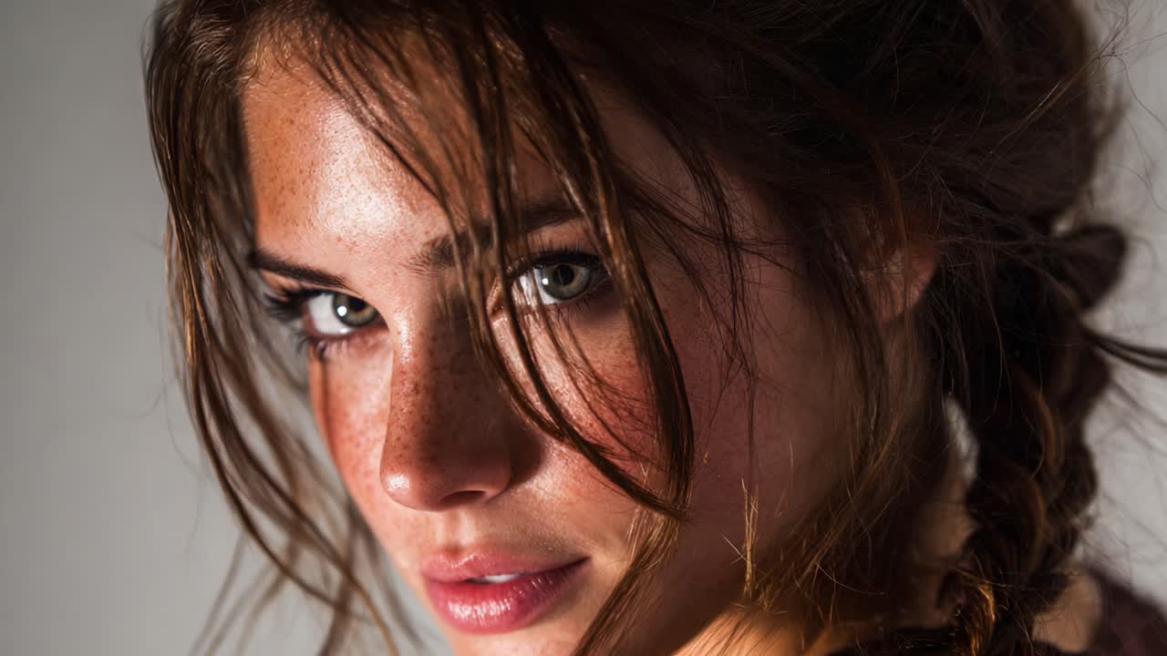 Captivating Portrait of a Young Woman with Expressive Eyes and Freckles, Highlighting Beauty and Emotion through Distinctive Features and Soft Natural Lighting
