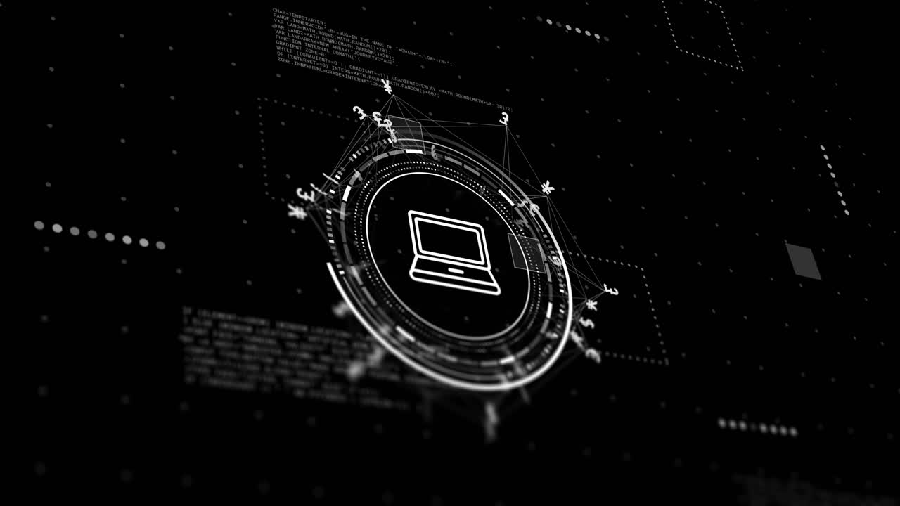 Animation of laptop, network with data processing and currency over black background
