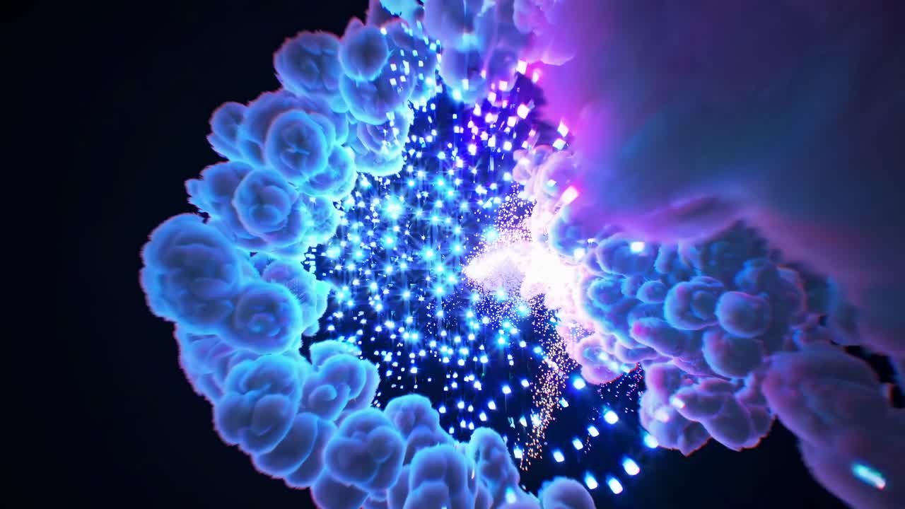 Aerial video of vibrant, glowing clouds in a spiral, showcasing a cosmic, abstract style