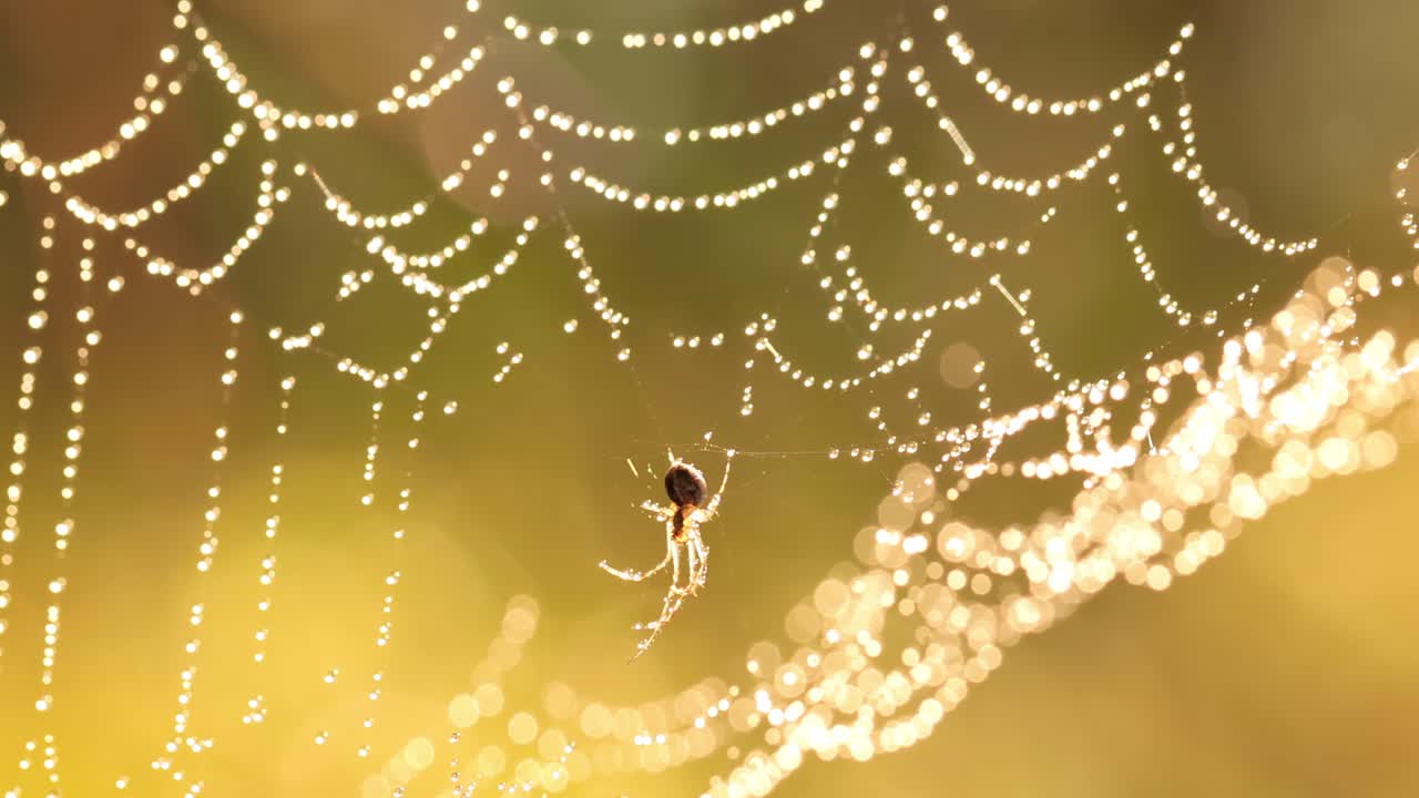 gotas de lluvia en la telaraña, telarañas en pequeñas gotas de lluvia.