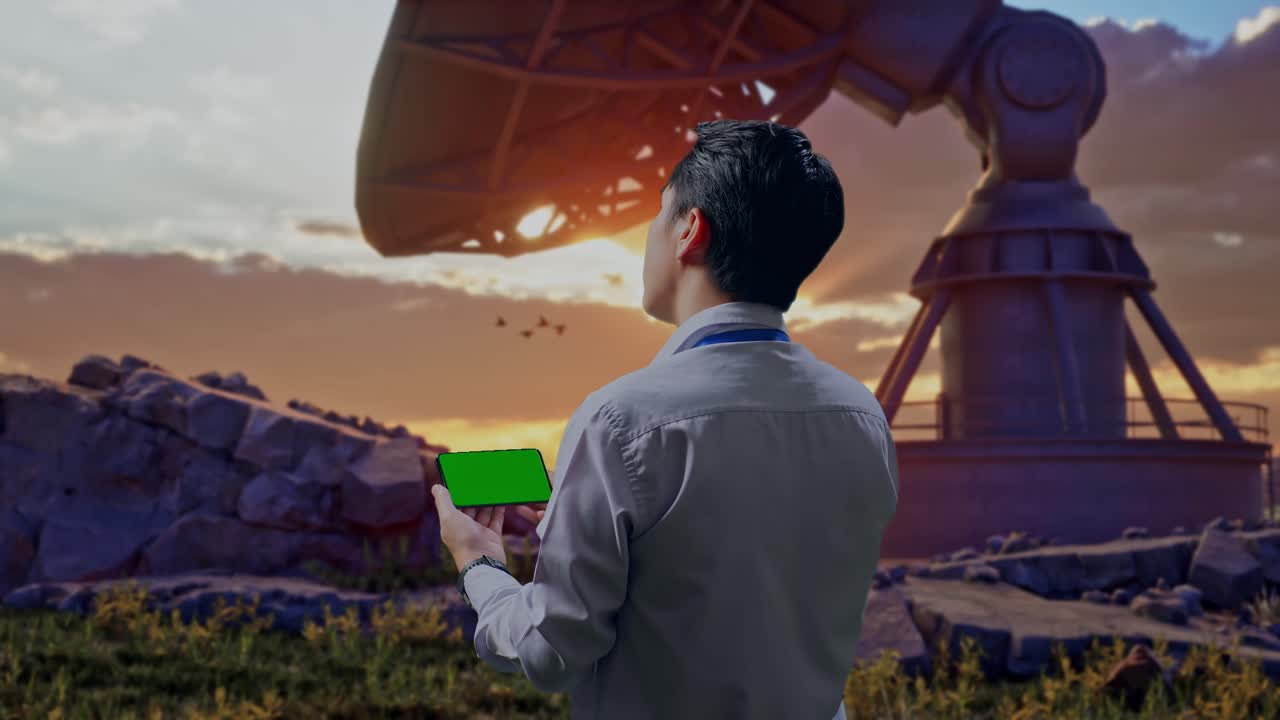 Back View Of An Asian Male Professional Worker Standing With Large Satellite Dish, Checking On Smartphone With Green Screen And Look At The Factory Once