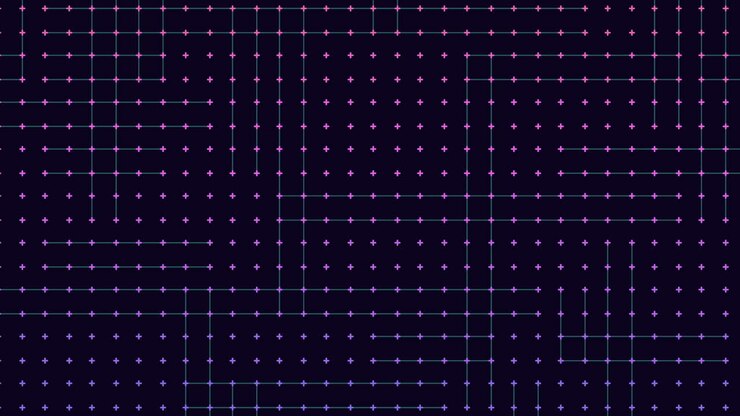 An abstract and futuristic pattern of dots on a dark background arranged in a grid formation. Some dots shine brighter, creating a visually mesmerizing effect