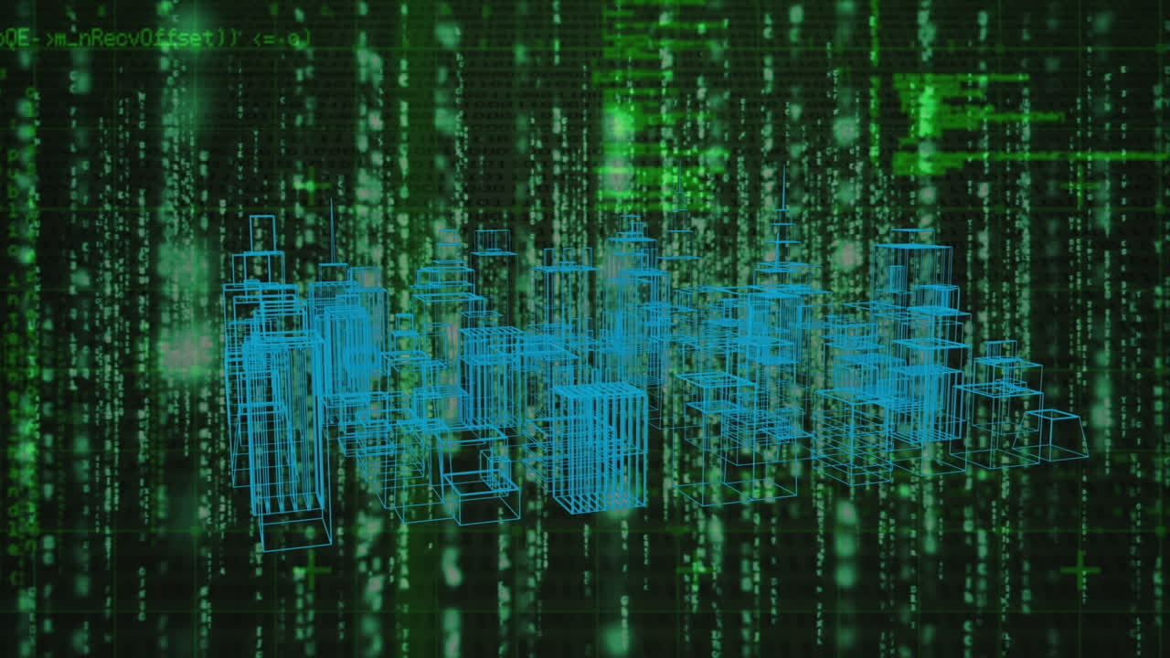 animación de la ciudad del metaverso girando en espacio negro y verde