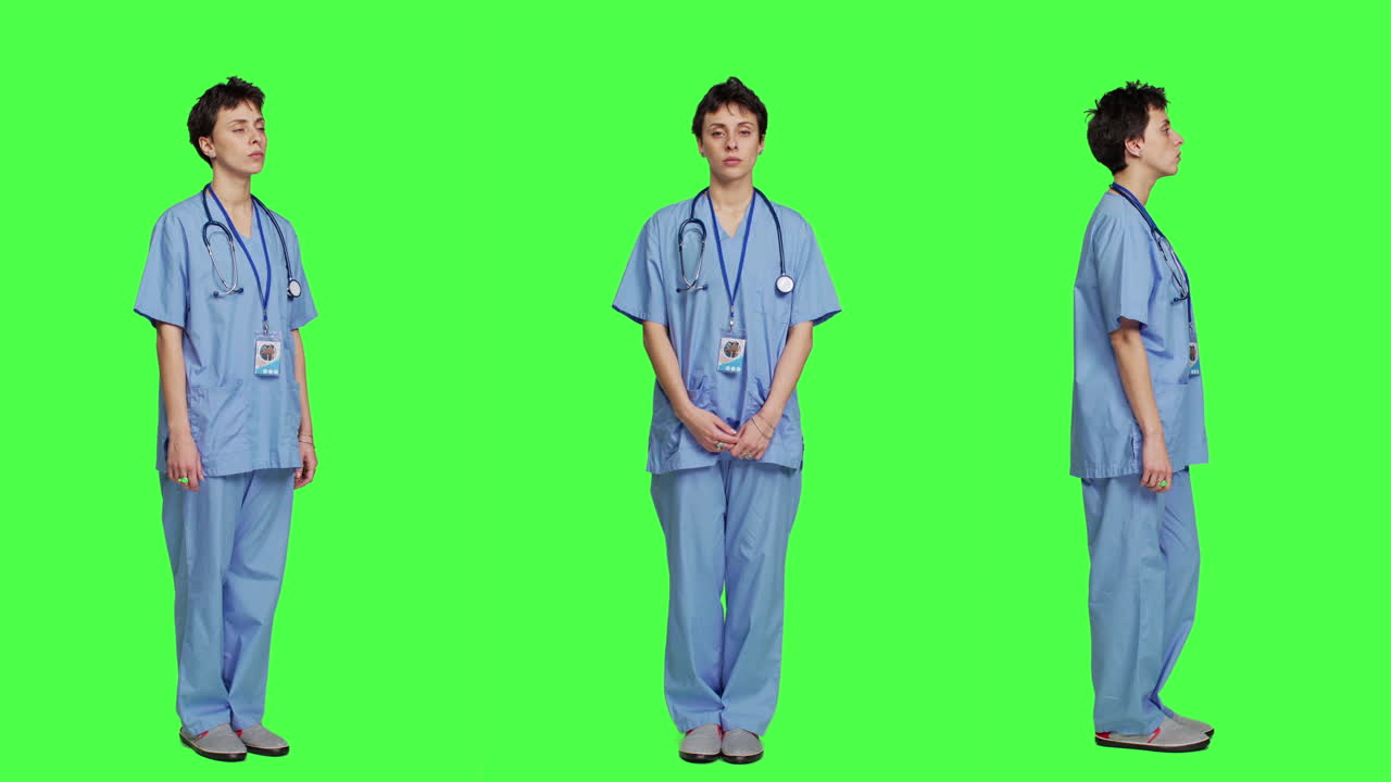 의료 전문 지식을 가진 젊은 간호사가 자신감 있게 포즈를 취합니다.