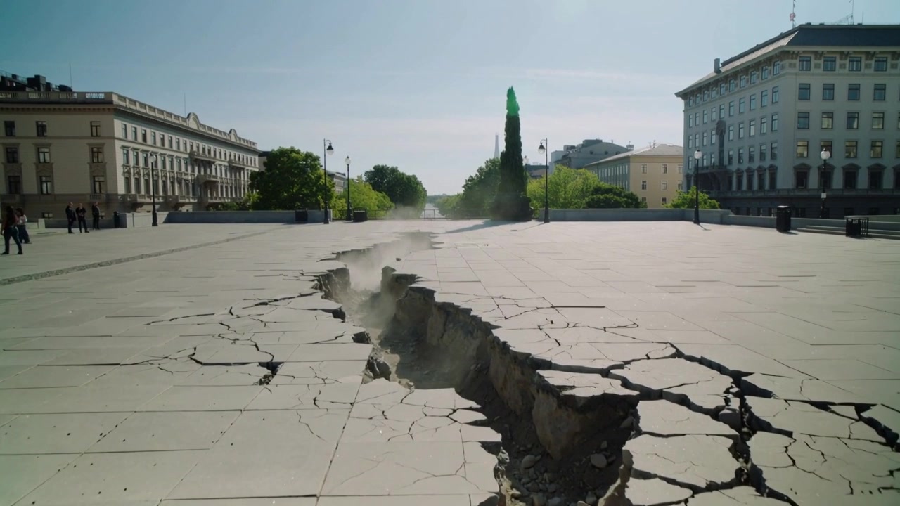 Fessura nel terreno che si allarga dopo l'apertura della crepa iniziale attraverso la piazza della città, spaccando le lastre di pavimentazione