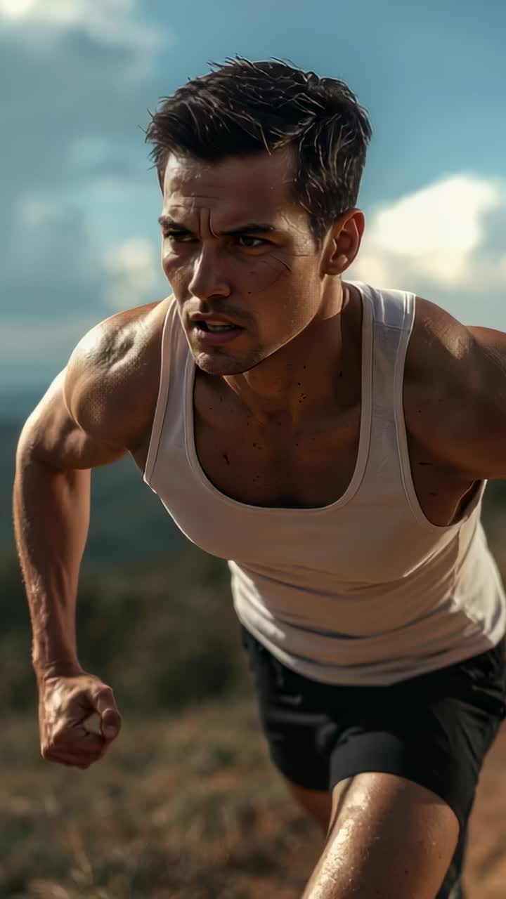 Vídeo vertical: Corredor esprintando y subiendo una pendiente pronunciada, pantalones cortos negros, puños apretados, entrenamiento