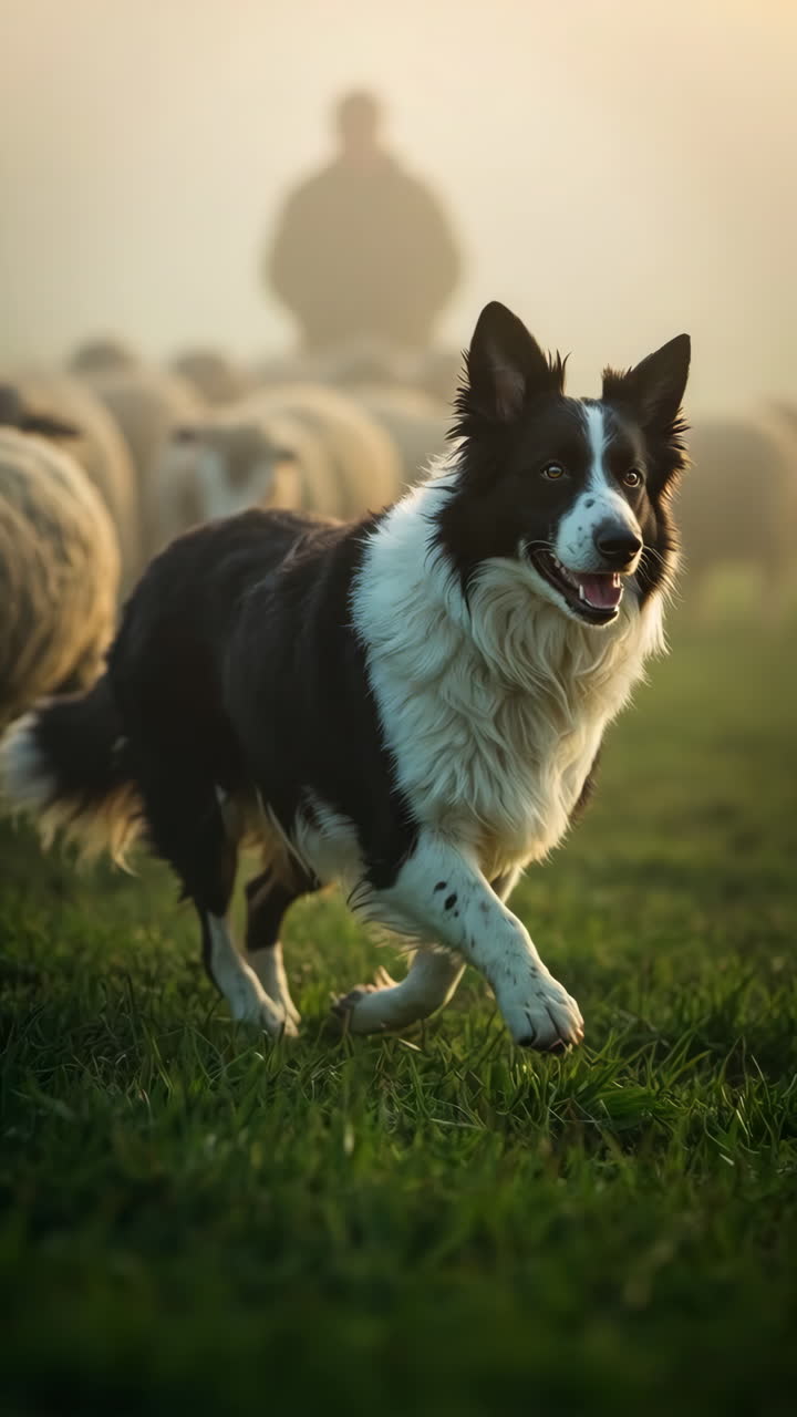 Border Collie Herding Sheep in a Misty Field at Sunrise