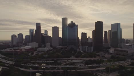 aerial - houston skyline at cloudy sunrise