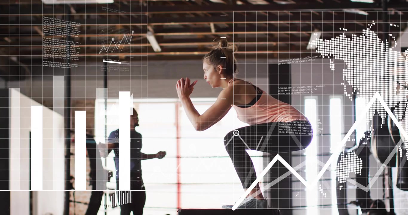 Power-train woman lowering into squat and launching box jumps while man skipping HUD graphs rising
