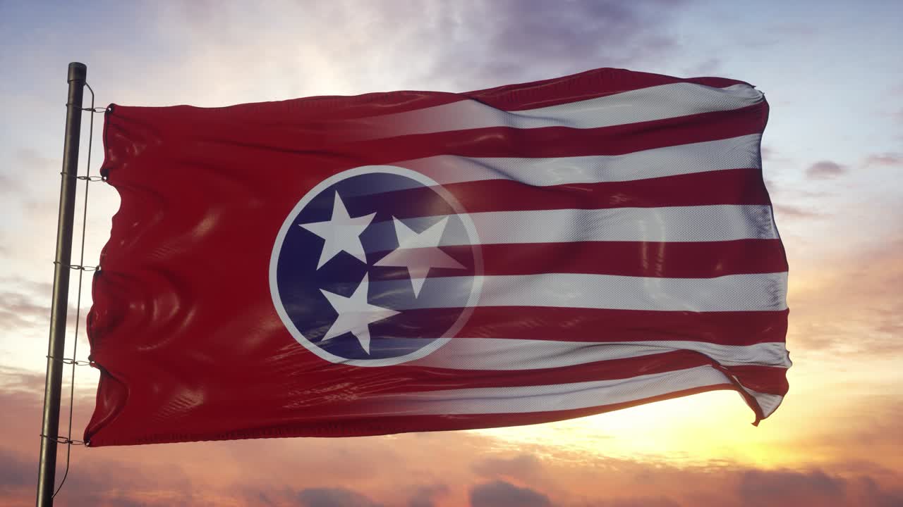 테네시와 미국 발은 발 기둥에 있습니다. 미국과 테네시 혼합 발이 바람에 흔들리고 있습니다.